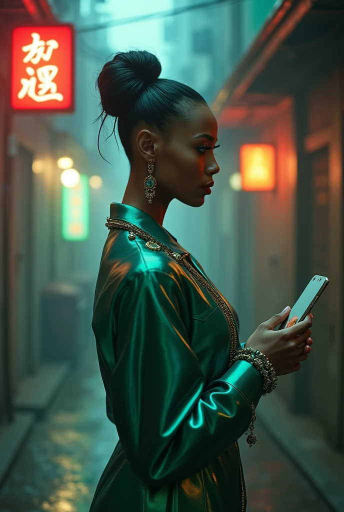 a woman in a dress holding a cell phone, yasuke models 5 0 0 px, gorgeous jade suit, dressed in ornaments, 2049, cinematic cgsociety, dinah drake, uniquely beautiful, standing in an alley, ebony skin, beautiful portrait of nami, japan at night, kowloon, elegant curves, vixen,
foggy, semi-realistic manga style, it's dawn, made with Unreal Engine 5 for graphics, rendering depth and haze highlighted by nikon d7500, use of Nvidia graphics performance
