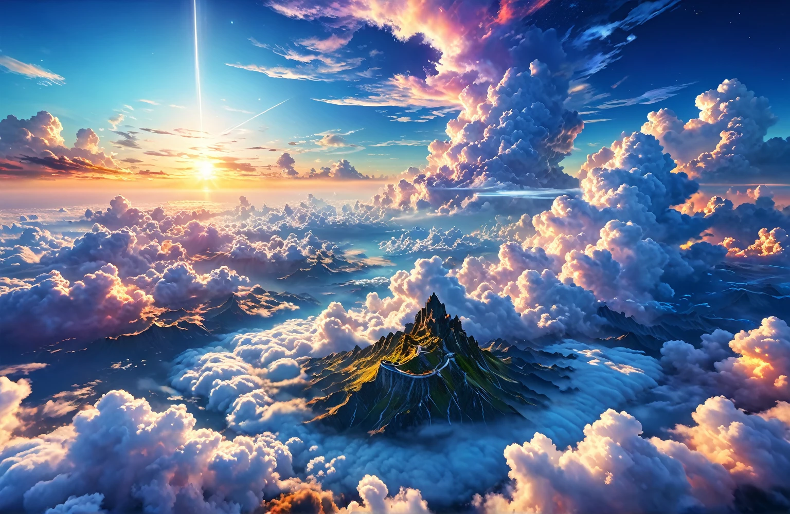 high resolution, Ultra HD, 8k, High Resolution Pixels,Fantasy、Landscape painting、glowing clouds、Above the Clouds、blue sky、universe 、Sunset