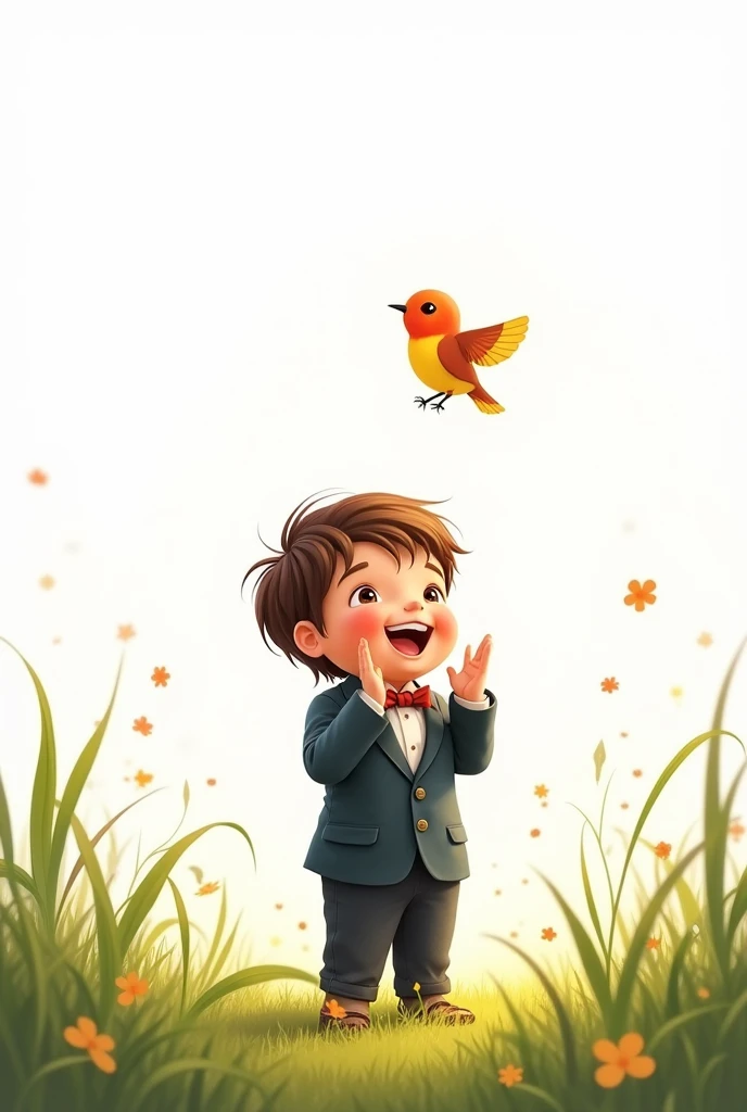 white background,best quality,little smart boy,wearing smart suit,standing on grass,look at the little bird,raising his hands to the little bird,cute beautiful little bird flying,cute boy smiling