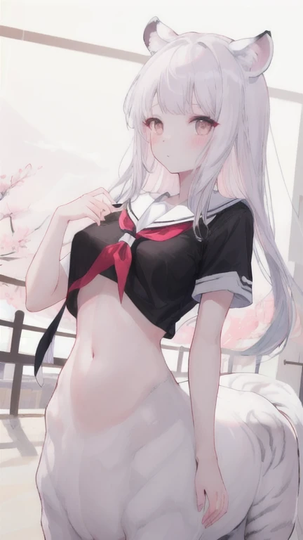(best quality, masterpiece), 1 girl, centaur, I beg, White skin, Japanese schoolgirl,daughter,black pink, exposing the abdomen, belly button t-shirt , beautiful girl perfect, White tiger photo, 완벽한 White tiger photo