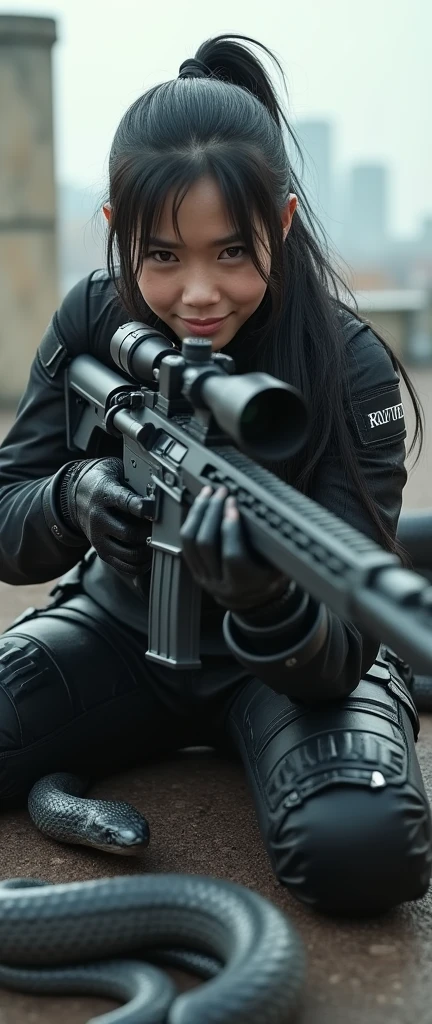 so much swagger trained marine corp militant asian female solider with large snakes coiled around her smug grin sneer. with an attitue vengance she adorn with pony tail hairstyle adorn hip hop rap style in kevlar black military attire armour sniper rifle on rooftop prone position aiming sniper absolute disrespect bad-mannered
