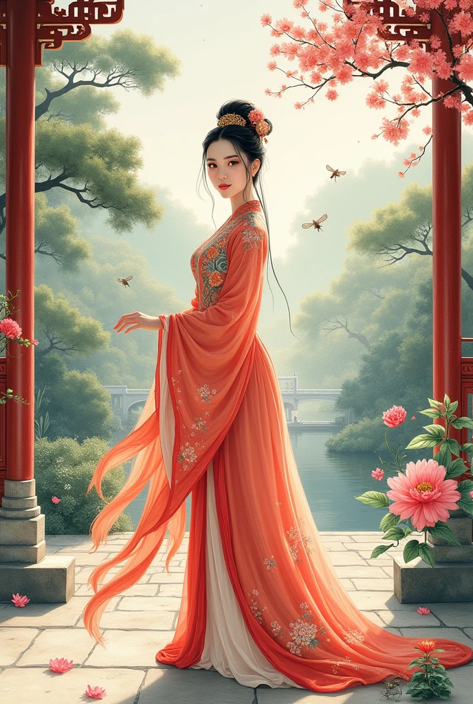 Masterpiece of a beautiful Dilraba Dilmurat in tradition countryside costume sitting or standing in an ancient Chinese garden, a beautiful lighting, a juicy Chinese watercolor painting on Chinese watercolor paper , mixed with Zen style, a delicate painting, Chinese composition Styleม Chinese painting style in the Dun huang Grottoes, imperial colors, have a beautiful flower and little insect , good figure, good anatomy