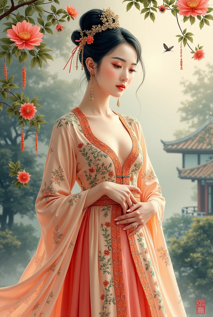 Masterpiece of a beautiful Dilraba Dilmurat in tradition countryside costume sitting or standing in an ancient Chinese garden, a beautiful lighting, a juicy Chinese watercolor painting on Chinese watercolor paper , mixed with Zen style, a delicate painting, Chinese composition Styleม Chinese painting style in the Dun huang Grottoes, imperial colors, have a beautiful flower and little insect , good figure, good anatomy