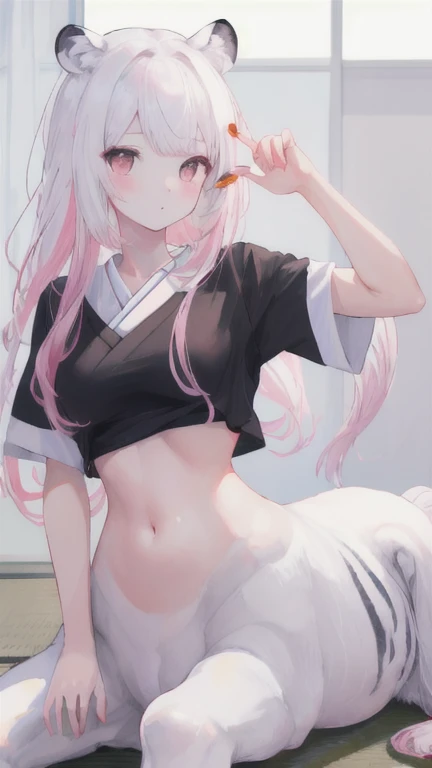 (best quality, masterpiece), 1 girl, centaur, I beg, White skin, Japanese schoolgirl,daughter,black pink, exposing the abdomen, belly button t-shirt , beautiful girl perfect, White tiger photo, 완벽한 White tiger photo