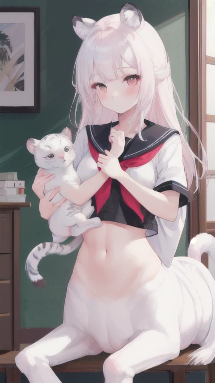 (best quality, masterpiece), 1 girl, centaur, I beg, White skin, Japanese schoolgirl,daughter,black pink, exposing the abdomen, belly button t-shirt , beautiful girl perfect, White tiger photo, 완벽한 White tiger photo