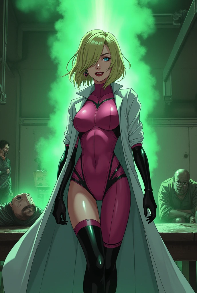 Anime style, Sultry and Beautiful young woman with a soul of pure evil and hatred. Short blonde hair that covers her left eye and blue eyed supervillain dressed in a sleek skintight pink bodysuit, long black gloves and black calf high boots. A long white lab coat over her bodysuit competes the look. She is posing and emanating green energy. She has a smile crossing her thin red lips. The setting is a dirty laboratory with a captured costumed hero securedto a table.
