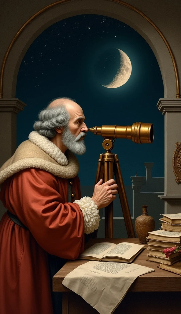 Generate image of Galileo was using telescope to see the moon