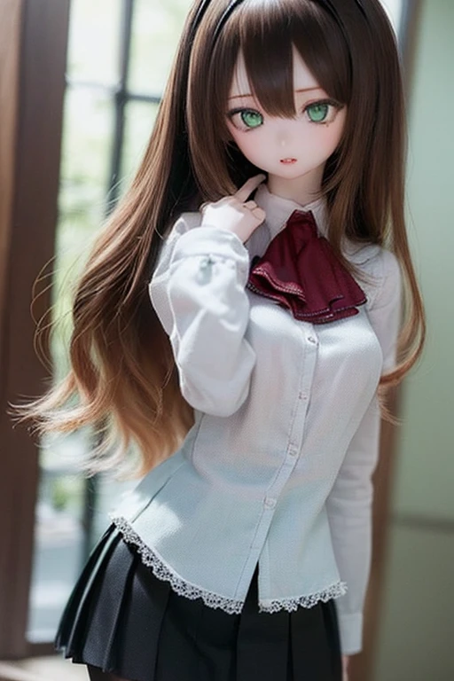 (SFW:2), photorealistic, realistic photo, 8k, ((highest quality)), ((masterpiece)), (extremely detailed), kukolnydom, doll, (mature woman, 21yo, 2, solo:1.6), ((cowboy shot, dynamic pose, slim, slender, skinny, medium breasts, hairband, ascot, dress shirt, long puff sleeves, pleated skirt, black pantyhose)), (parted lips, green eyes, brown hair, long hair, plastic skin, looking at another, glass eyes, gradient eyes, shining eyes, detailed eyes:1.3)