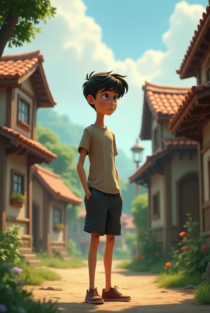 18+Young tall boy sad in village ai 3d image cartoon type