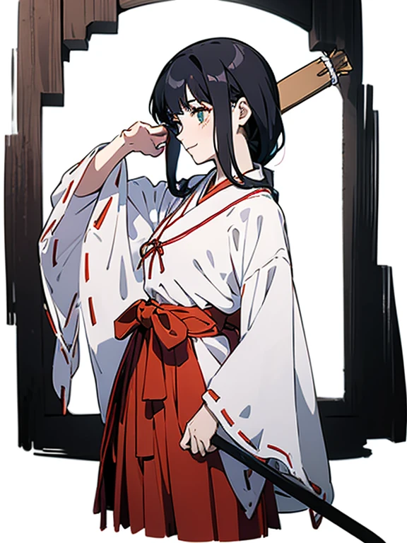 (((Portrait of a person standing against a white background))), The beautiful girl named "Midori" is an 18-year-old shrine maiden with green eyes and black medium hair. She is wearing miko costume, white outer garment, red skirt, long boots, and a wooden sword attached to her left hip., Her hair is shoulder length and tied at the back., She stands diagonally to the left against a white background., green eyes, smile, (full body, 1:1 ratio of upper body to lower body), (masterpiece, Best Quality, Ultra-high resolution, Best illustrations, Very delicate and cute face),