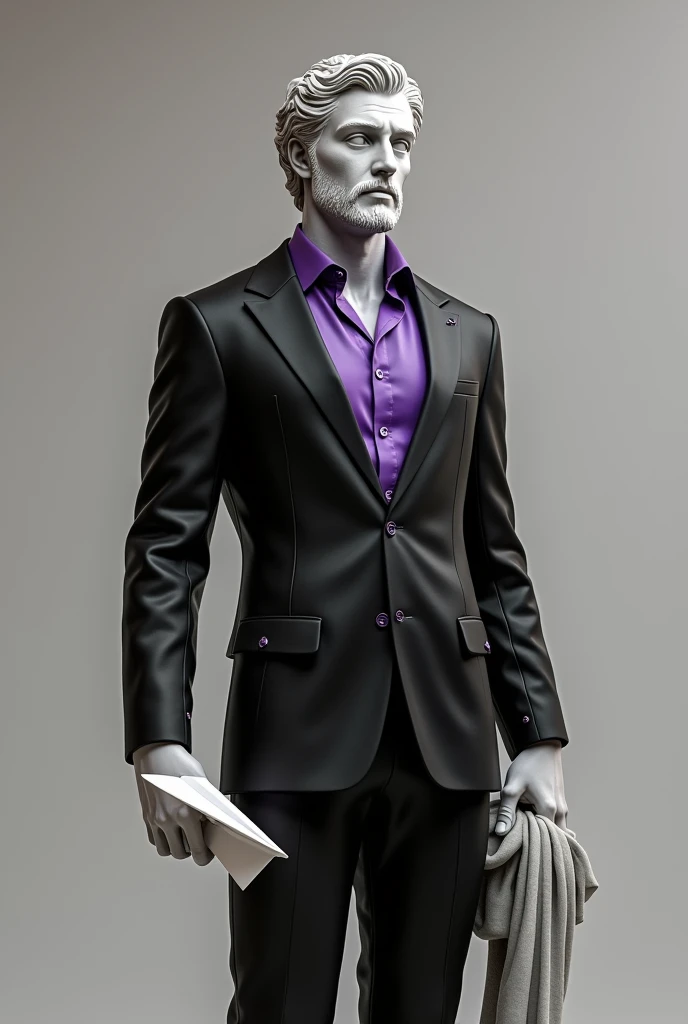 Greek statue dressed in a black suit with purple details with a paper airplane in his hand