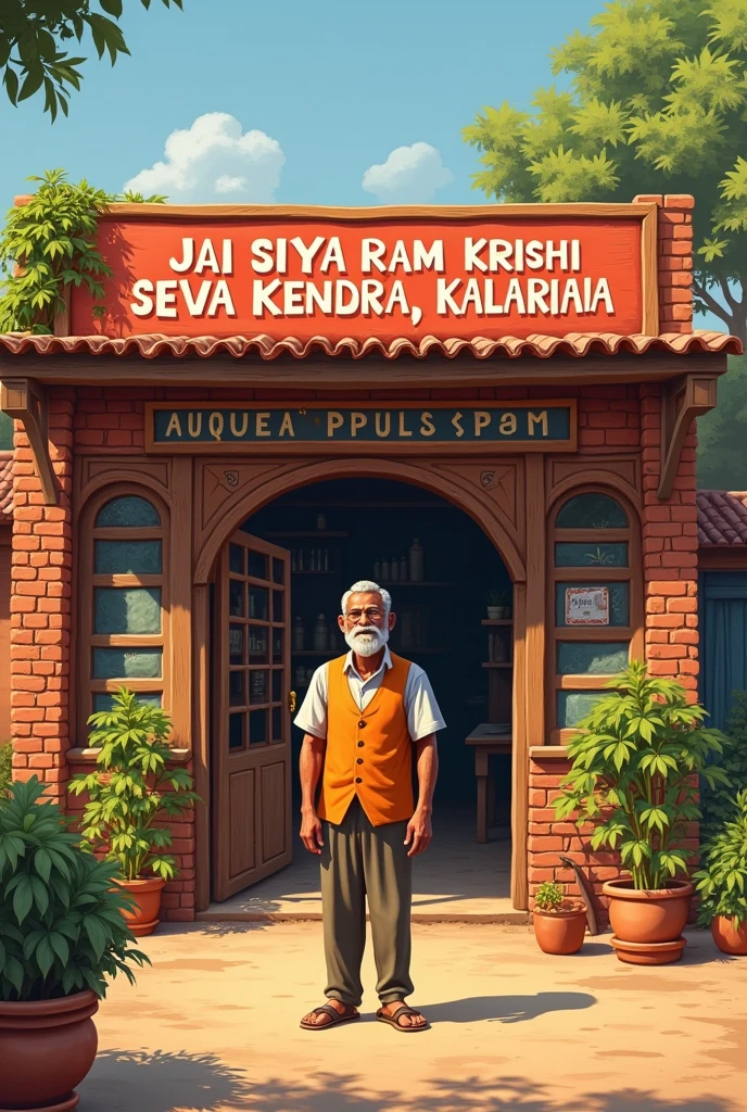 A person standing in front of a shop named as " Jai siya ram krishi seva kendra , kalariya "