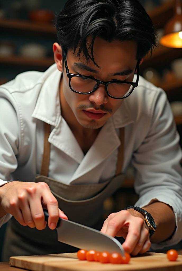 Well-trained arm muscles、Peeking out from the sleeve of his shirt。With a bold face that makes it hard to believe he is 1、Black-rimmed glasses add an intellectual touch。Rin々A slight sweat on his brow、The way he handles the knife with a serious look on his face is like that of a true craftsman.。Despite her slim figure,、A glimpse of the thickness of his chest hidden under his chef's coat。The Adam's apple moves smoothly.、The moment you taste the finished dish。Her soft lips open、A glossy tongue peeks out...。The young genius chef、Capturing a fleeting yet sensual appearance。Delicacy and masculinity coexist、A fascinating moment。