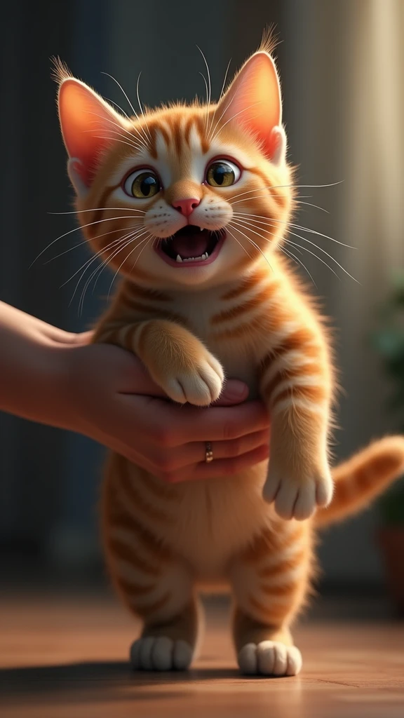 A scene of a cat being suddenly picked up, looking startled and scared. The cat’s eyes are wide open, and its limbs are stiffened in shock. In the background, the owner’s hands are shown lifting the cat, highlighting the cat’s anxious expression and discomfort.