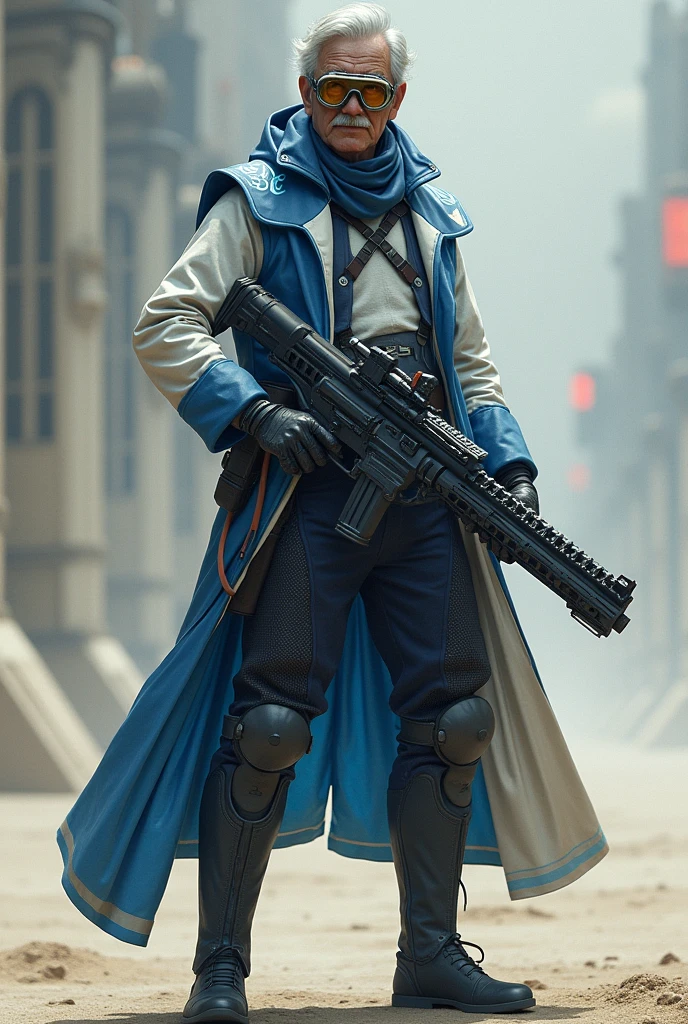 Character inspired by a scientist with a futuristic blaster with white patterns of sky blue with grayish on his armed with gray scientist hair a white mustache a white scientist vest tinted with blue a blue scientist pants tinted with white black shoes with dark gray a head with sand glasses that covers his eyes is a dangerous fighter side