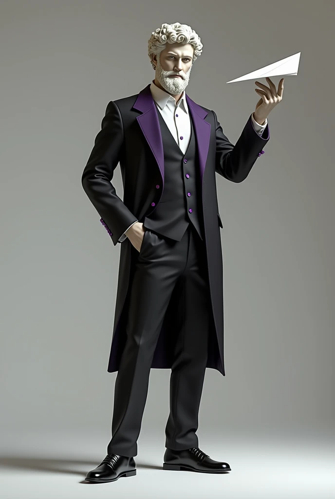 Greek statue dressed in a black suit with purple details with a paper airplane in his hand
