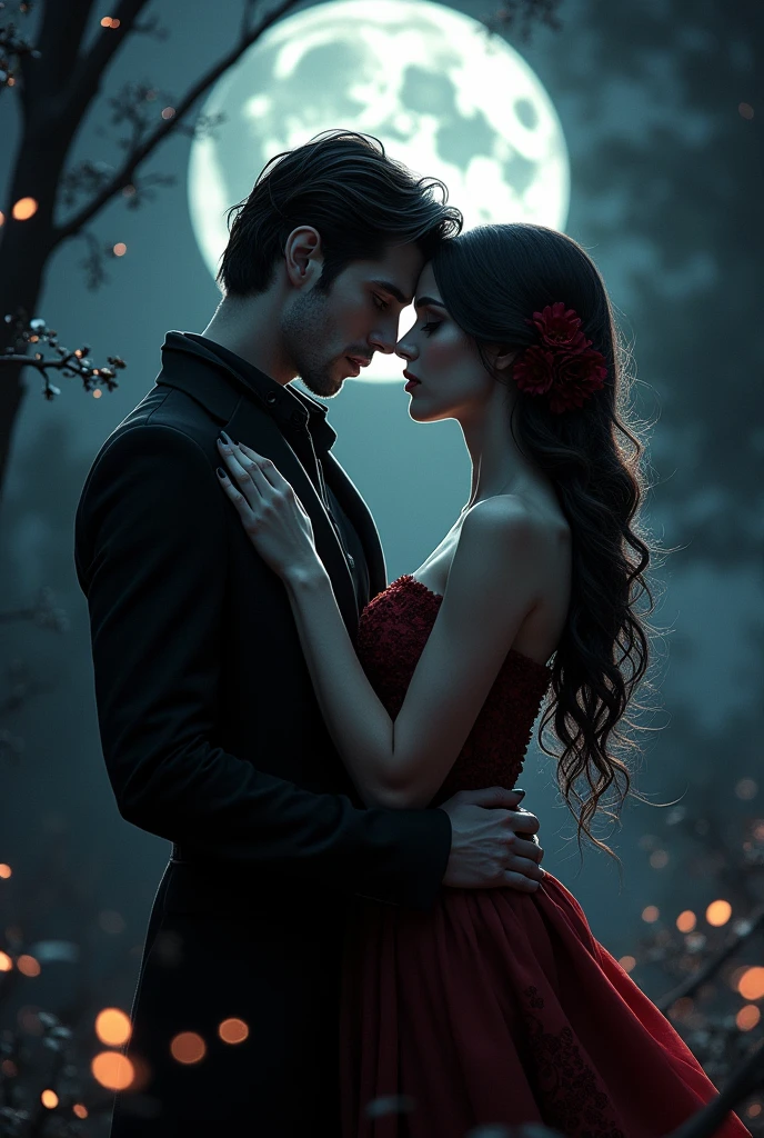 Divine vampire couple in love at night under the moon with fireflies in black and red