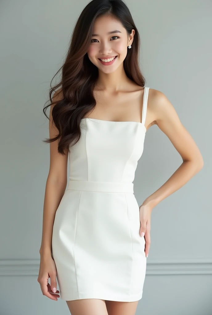 An Asian cute young woman with long hair and happy expression wearing white micro formal dress