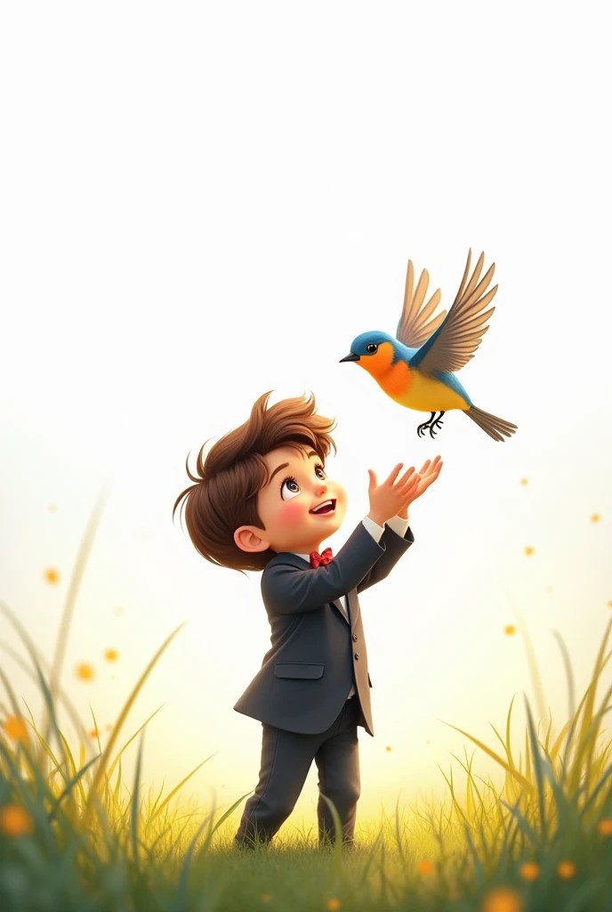 white background,best quality,little smart boy,wearing smart suit,standing on grass,look at the little bird,raising his hands to the little bird,cute beautiful little bird flying,cute boy smiling