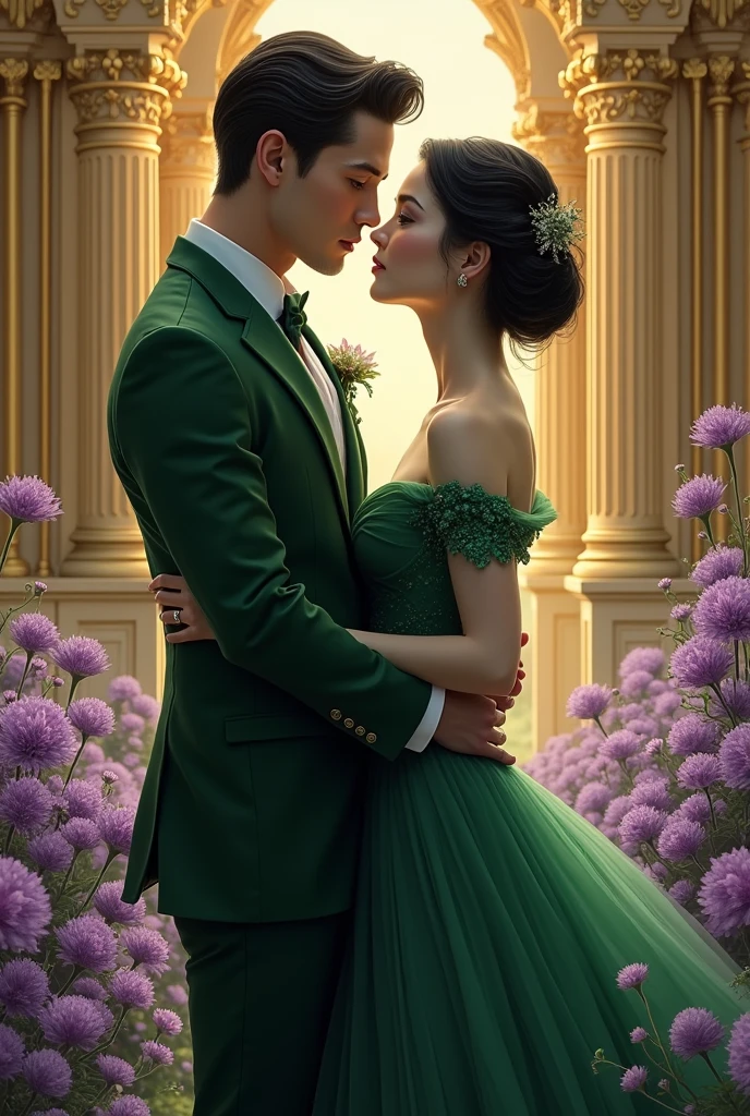 couple, green suit, black hair, pale skin, gold royal castle, aster purple garden, flower bloom, dancing, detailed, masterpiece, best quality