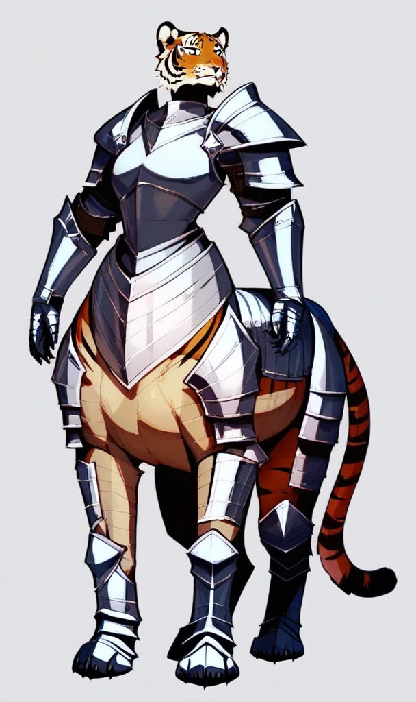 score_9, score_8_up, score_7_up, source_furry,
2d, solo, 1girl, armored female tiger taur with small breasts thick thighs and wide hips, furry, taur, quadruped, paws, digitigrade, simple background,
heavily armored, Female_knight, knight, knight_armor, armor, black_armor, dark_armor, heavy_armor, shoulder armor, arm armor, leg armor, armored dress, armored boots,