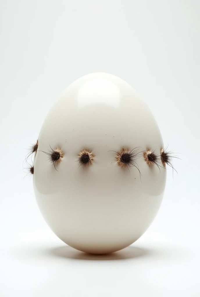 Hyper realistic hoto of undamaged egg in white backkground, close up, short dark body hair growing from it's pores