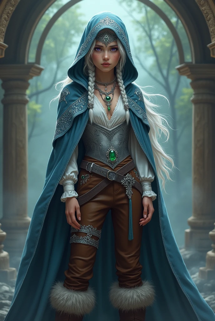 Young magician, with long braided white hair. purple eyes. Blue hooded cape decorated with silver embroidery. White blouse, silver breastplate and brown pants as well as fur-trimmed boots. Silver necklace with emerald and silver headband with emerald 