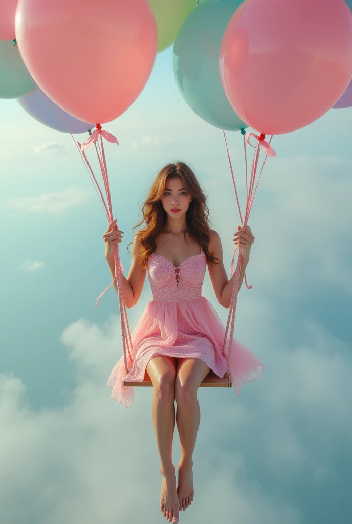 a woman sitting on a swing surrounded by balloons, a colorized photo, magical realism, feminine in pastel shades, floating in mist, glamorous composition, riding in the sky, Chest close-up, Spread your legs 30 degrees and show me your panties, 2024 New Polka dots panties, Pink dress, medium bust, large hips, long legs, thick thighs, from above:1.7