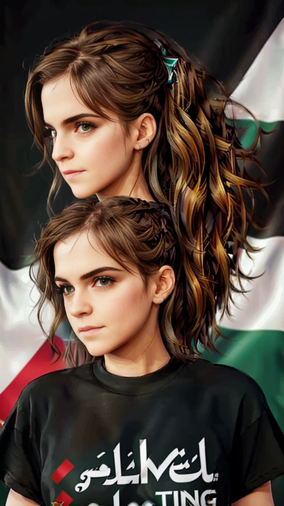 realistic,highres,reality,creative,huge filesize, Palestine flag a (Emma Watson long hair) wearing a black shirt with a palestine flag,free palestine real:2,8k, hyper detailed, cinematic lighting, trending on Artstation