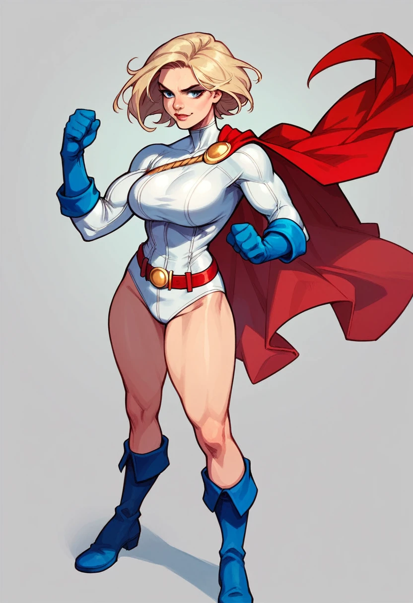 Superhero power girl naked, red cape, blue gloves and boots, red belt