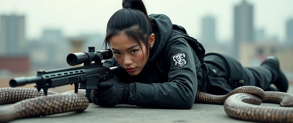 so much swagger trained marine corp militant asian female solider with large snakes coiled around her   smug grin sneer. with an attitue vengance she adorn with pony tail hairstyle adorn hip hop rap style in kevlar black military attire armour sniper rifle on rooftop prone position aiming sniper absolute disrespect bad-mannered