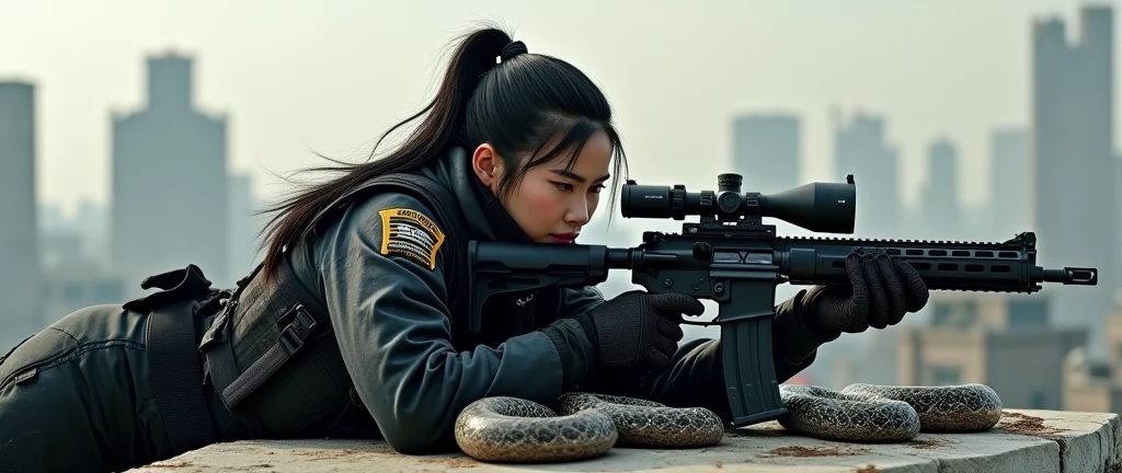 so much swagger trained marine corp militant asian female solider with large snakes coiled around her   smug grin sneer. with an attitue vengance she adorn with pony tail hairstyle adorn hip hop rap style in kevlar black military attire armour sniper rifle on rooftop prone position aiming sniper absolute disrespect bad-mannered