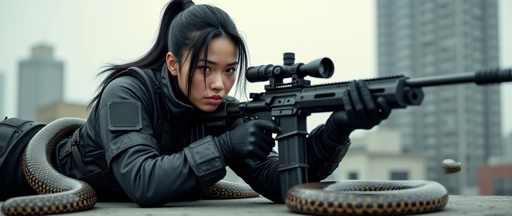 so much swagger trained marine corp militant asian female solider with large snakes coiled around her   smug grin sneer. with an attitue vengance she adorn with pony tail hairstyle adorn hip hop rap style in kevlar black military attire armour sniper rifle on rooftop prone position aiming sniper absolute disrespect bad-mannered