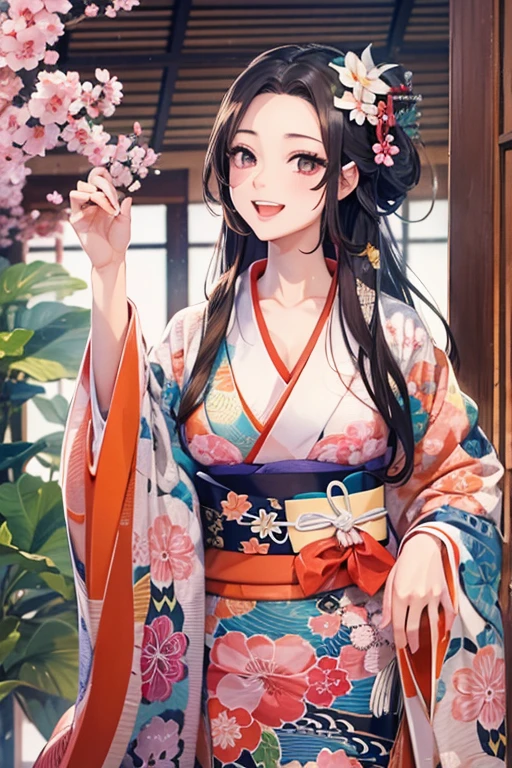 A beautiful woman smiles and shows her upper white teeth、Vividly colored Japanese Ukiyo-e style illustrations、SeaArt creates stunning illustrations of beautiful women in kimono、Brown-black long hair、Beautiful full body style、Beautiful digital illustrations,、Beautiful digital painting, Bright and vivid anime CG art, Detailed digital anime art,  Beautiful anime portraits