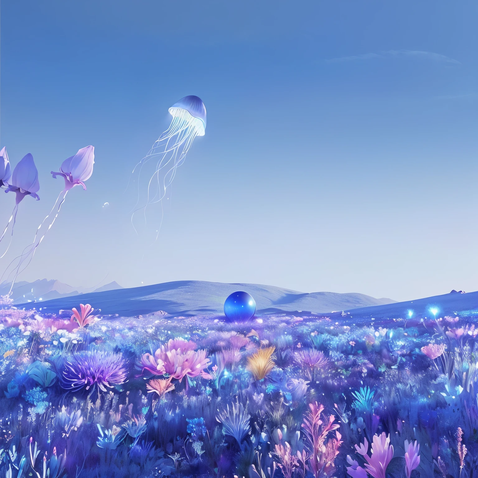 There are many flowers in the field,A jellyfish is flying above。, lush Alien Landscape, beautiful Alien Landscape, Alien Landscape, On the alien grassland, surreal alien kingdom, On a lush alien planet, an Alien Landscape, an Alien Landscape view, Get lost in a dreamy fairytale world, amazing Alien Landscape, Exotic flora and fauna, Surreal dream landscape, stunning Alien Landscape