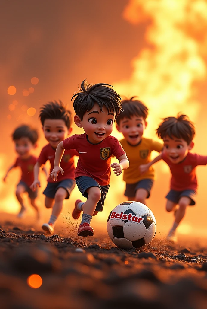 (photorealism:1.2) create a 3D illustration of a 6 boy  friends playing with a football. Football logo written BELSTAR. Background is fire ground like 