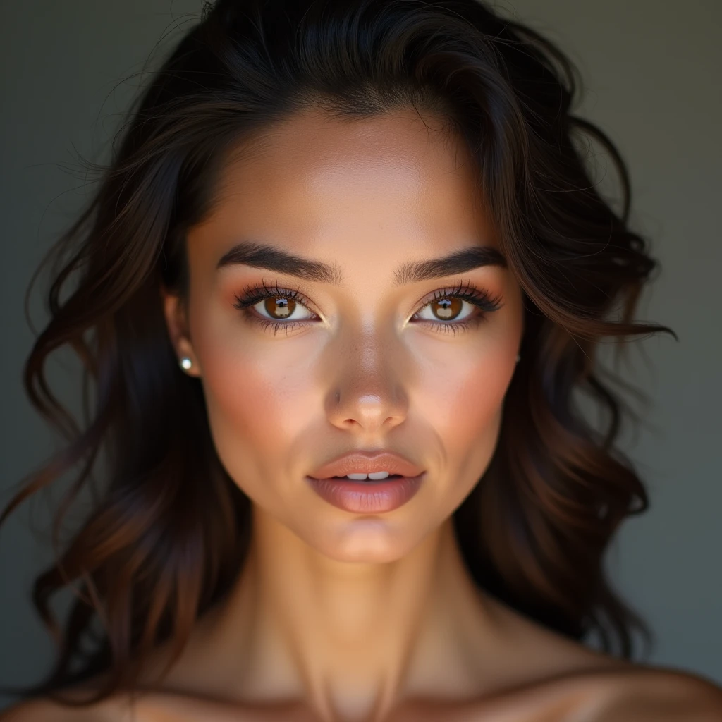 imagine facing the viewer, A woman who mixes two very different nationalities physically and creates a 19-year-old woman with perfect skin, charming look,, She is the most beautiful woman in the world, She is an Instagram influencer and a very seductive woman., professional photography, clear, high quality
