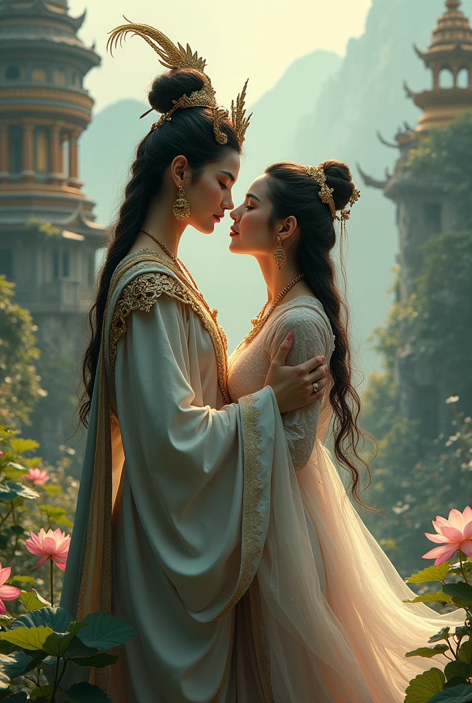 Draw an ancient burmese war Queen and a Shan princess in love with each other