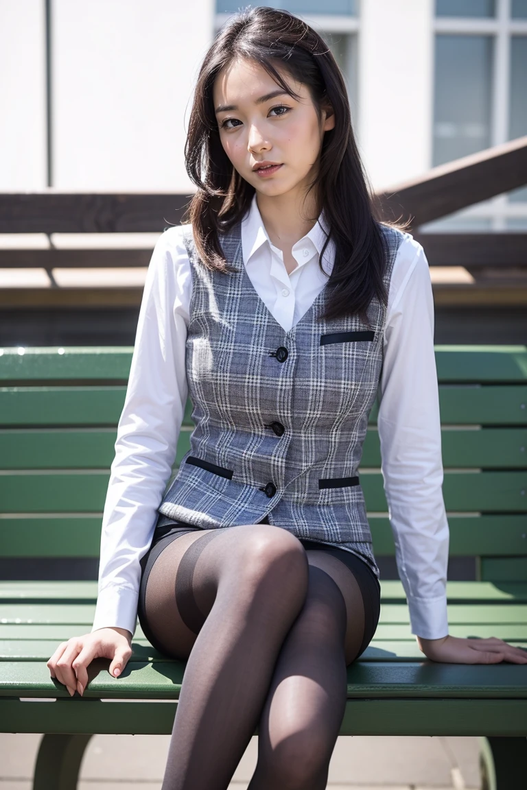 Urzan-6500-v1.1, (RAW Photos:1.2), (Realistic), (Genuine:1.4), １、Perfect Anatomy、4、Looking into the camera、Medium Long Hair、Plaid vest、((Sit on a bench:1.3))、(Ultra-realistic pantyhose:1.2), (High heels)、(Business services)、