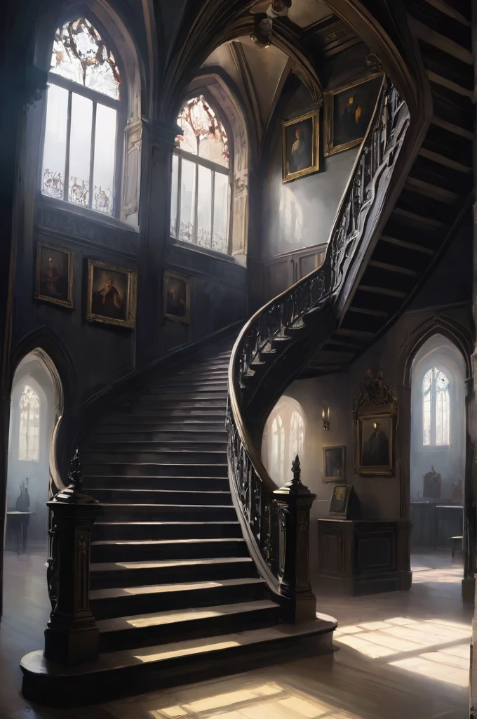 Inside the Western-style building,Many paintings,dark,fear,Gothic,Dancing staircase