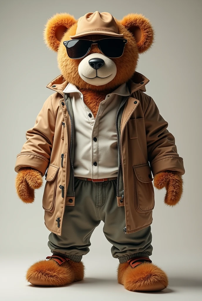A giant teddy bear, with a fashionable and modern style. The bear is wearing sunglasses, a stylish hat and wearing designer clothes. The bear is posing confidently, with a funny expression. neutral background, focusing on the bear. Artistic style: fashion shooting, high resolution.