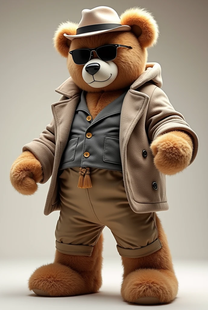 A giant teddy bear, with a fashionable and modern style. The bear is wearing sunglasses, a stylish hat and wearing designer clothes. The bear is posing confidently, with a funny expression. neutral background, focusing on the bear. Artistic style: fashion shooting, high resolution.