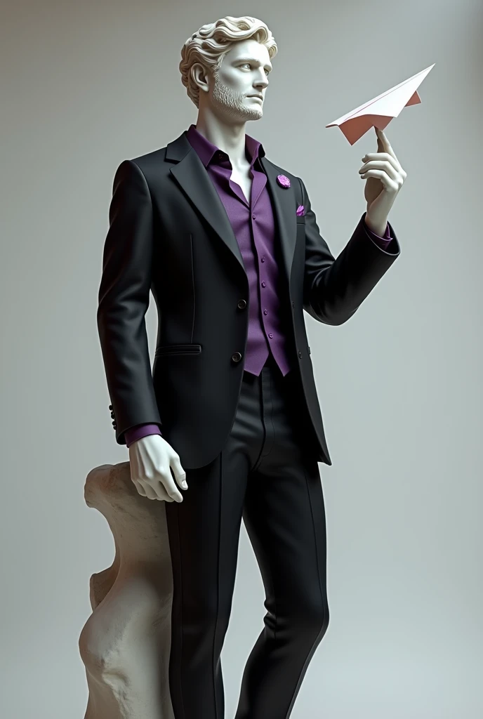 Greek statue dressed in a black suit with purple details with a paper airplane in his hand