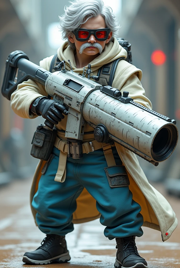 Character inspired by a scientist with a. Large futuristic blaster with white patterns of sky blue with grayish on it is armed with gray scientist hair a white mustache a white scientist vest tinted with blue a blue scientist pants tinted with white black shoes with dark gray a head with sand glasses that covers its eyes is a dangerous fighter side 