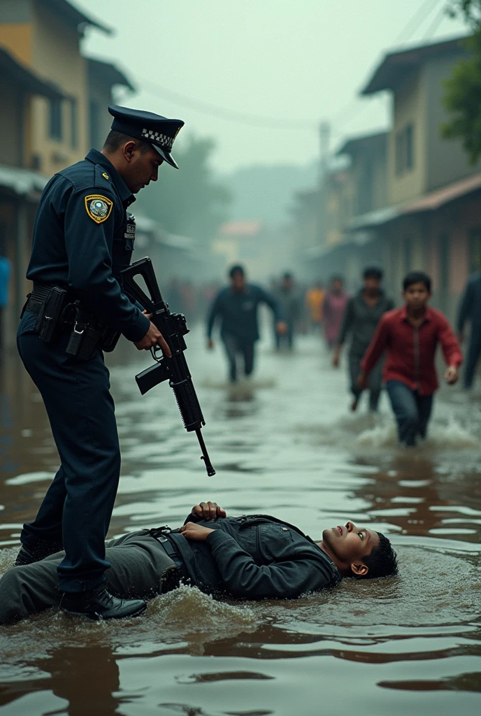 One side a police shooting a student and the other side a village is flooded