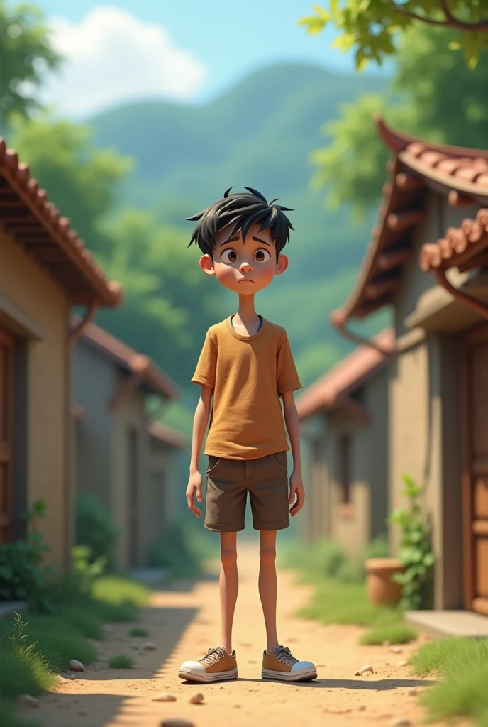 18+Young tall boy sad in village ai 3d image cartoon type 