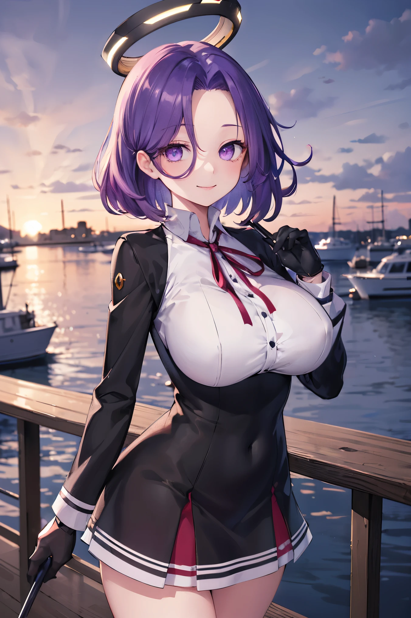 masterpiece, best quality, highres, mechanical halo, (big_breasts:1.2), black dress, neck ribbon, long sleeves, black gloves, outdoors, cowboy shot, standing, holding weapon, polearm,smile,,harbor_town_landscape,purple_halfeyes,(scornful eyes:1.4)