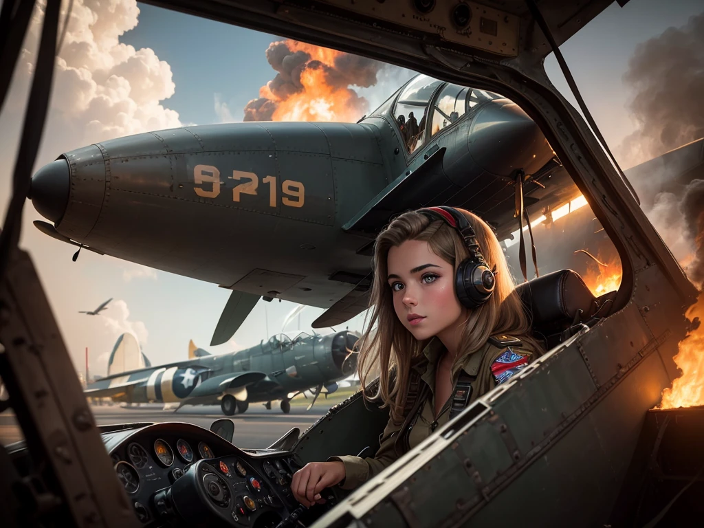 a young beauty inside the cockpit of a World War II-era fighter plane., a wing is visible, with flames and smoke suggesting the plane is under attack.