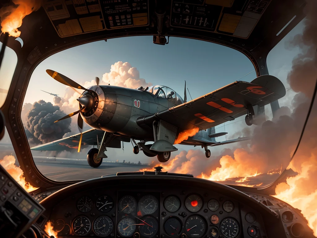 a young beauty inside the cockpit of a World War II-era fighter plane., a wing is visible, with flames and smoke suggesting the plane is under attack.