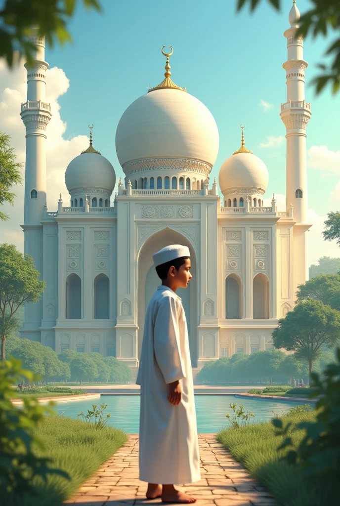 Beautiful mosque, Bangladesh, a Muslim boy infornt,cap in his head,white panjabi